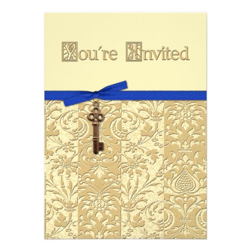 Gold 3D Damask with Key Charm and Bow Invite