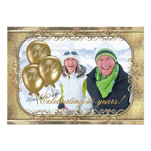 Gold 50th Anniversary Balloon Photo Invitation (front side)