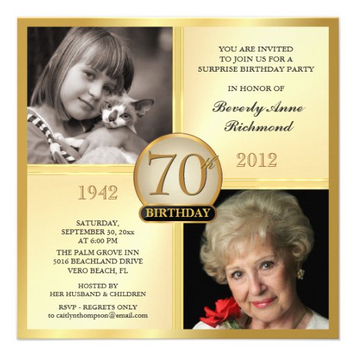 Gold 70th Birthday Invitations Then & Now 2 Photos (front side)