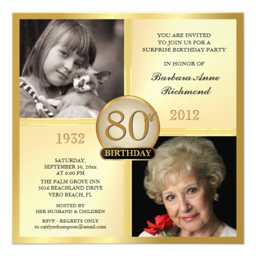 Gold 80th Birthday Invitations Then & Now 2 Photos (front side)
