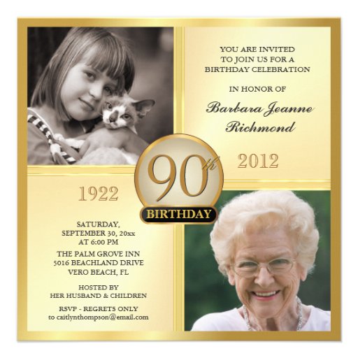 Gold 90th Birthday Invitations Then & Now 2 Photos (front side)