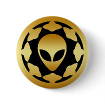 GOLD ALIEN HEAD AND SPACE SHIPS PINBACK BUTTONS