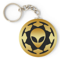 GOLD ALIEN HEAD AND SPACE SHIPS KEYCHAINS