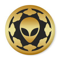 GOLD ALIEN HEAD AND SPACE SHIPS FRIDGE MAGNET
