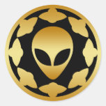 GOLD ALIEN HEAD AND SPACE SHIPS ROUND STICKER