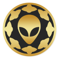 GOLD ALIEN HEAD AND SPACE SHIPS ROUND STICKER