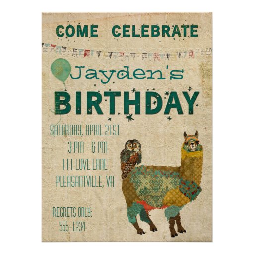 Gold Alpaca Teal Owl Birthday Invitation