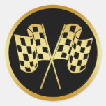 GOLD AND BLACK CHECKERED FLAG ROUND STICKER