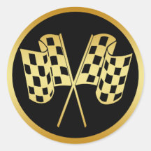 GOLD AND BLACK CHECKERED FLAG ROUND STICKER