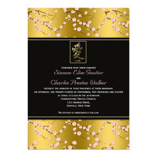 Gold and Black Cherry Blossoms Wedding Invitation