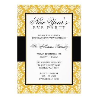 Gold and Black Damask New Years Eve Party Invitation