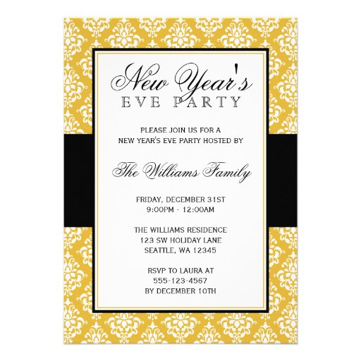 Gold and Black Damask New Years Eve Party Invitation (front side)