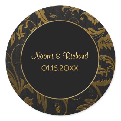 Gold and Black Damask Wedding Seal - Customize Round Sticker