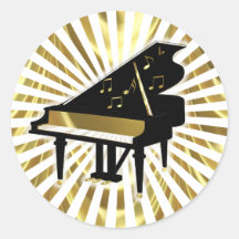 Gold and Black Grand Piano Music Notes Round Sticker