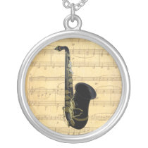 Gold and Black Saxophone Music Silver Necklace