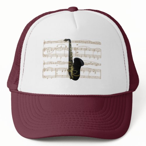 Gold and Black Saxophone On Sheet Music On Hat hat