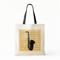 Gold and Black Saxophone Sheet Music On Tote Bag