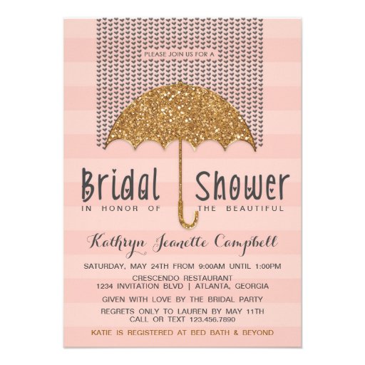 Gold and Blush Umbrella & Hearts Bridal Shower Announcement