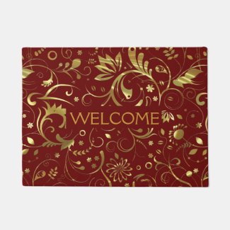 Gold And Burgundy Floral Fabric Pattern Doormat