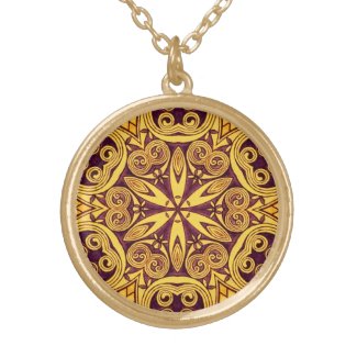 Gold and dark rose stained glass design round pendant necklace