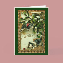 Gold and Green Feline Christmas Greetings Card