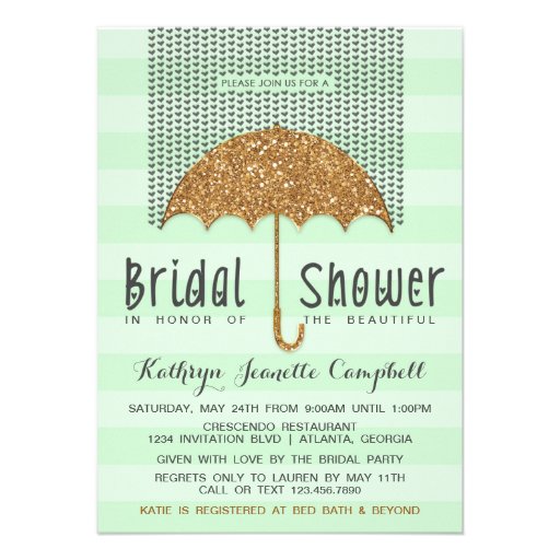 Gold and Mint Umbrella & Hearts Bridal Shower Custom Invitations