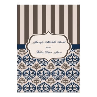 Gold and Navy Damask Wedding Invitation