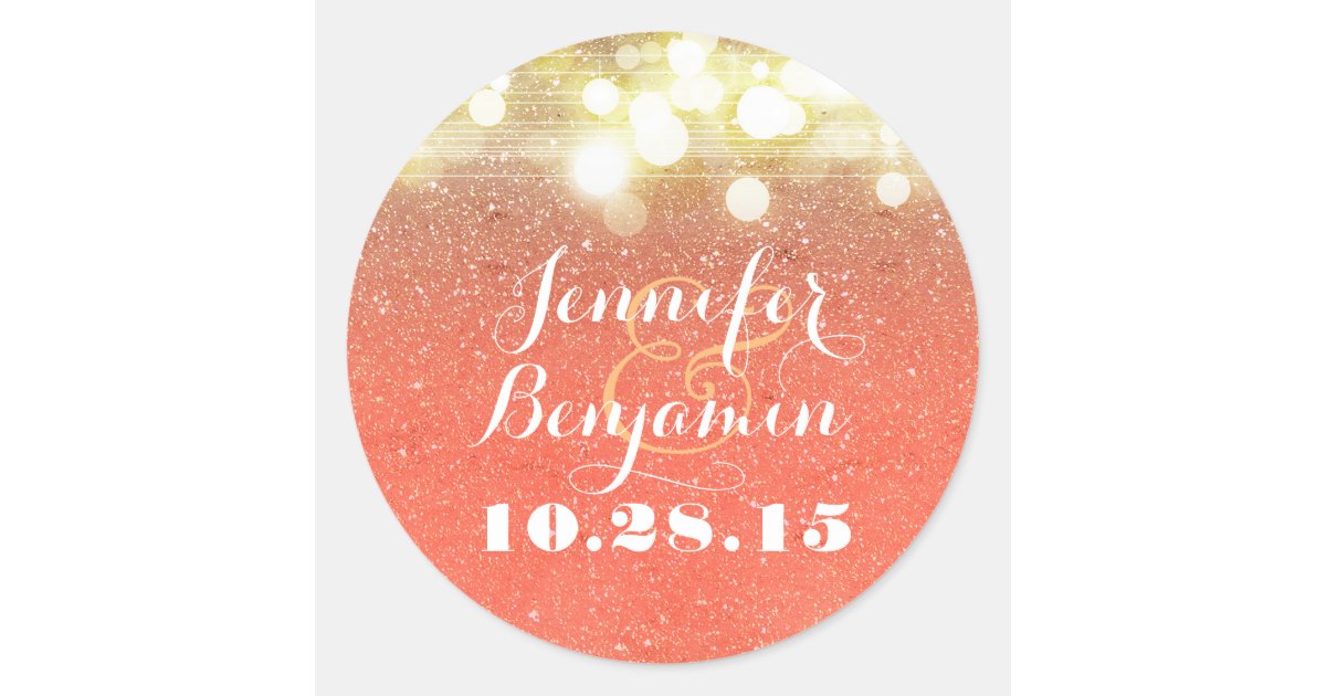 Gold and Peach Glitter String Lights Wedding Classic Round Sticker Zazzle