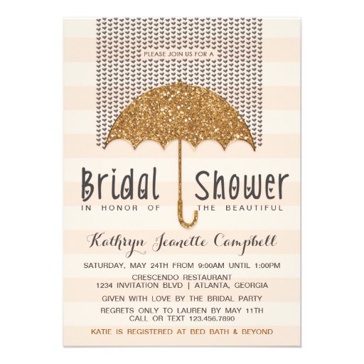 Gold and Peach Umbrella & Hearts Bridal Shower Custom Invites