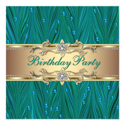 Gold and Peacock Teal Blue Birthday Party Announcement
