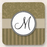 Gold and Tan Floral Wisps & Stripes with Monogram Coasters