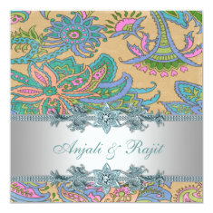   Gold and Teal Blue Paisley Wedding 5.25x5.25 Square Paper Invitation Card