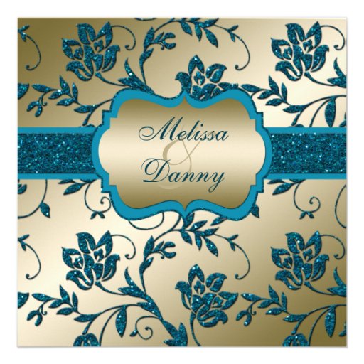Gold and Teal FAUX Glitter Floral Engagement Party Personalized Invitations
