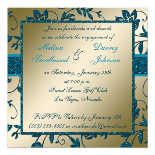 Gold and Teal FAUX Glitter Floral Engagement Party Personalized Invitations