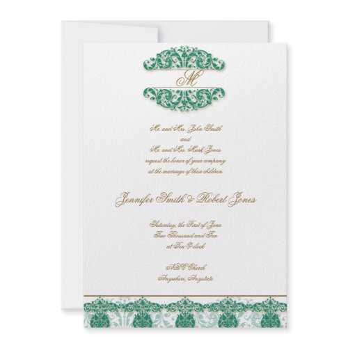 Gold and Teal Vintage Floral Scroll Invitation invitation