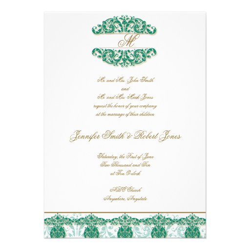 Gold and Teal Vintage Floral Scroll Invitation