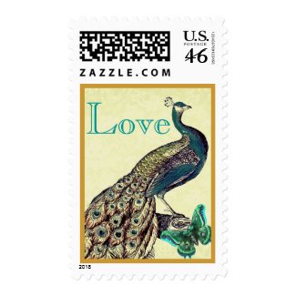 Gold and Teal Wedding LOVE Peacock Stamps