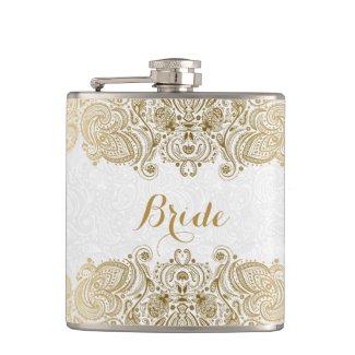 Gold And White Floral Paisley Lace Hip Flasks