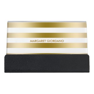 Gold And White Stripes Desk Business Card Holder