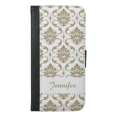 Gold and White Vintage Damask Pattern iPhone 6/6S Plus Wallet Case