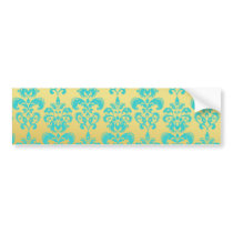 Gold, Aqua Blue Damask Pattern 2 Bumper Stickers