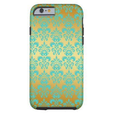 Gold, Aqua Blue Damask Pattern 2 Tough iPhone 6 Case