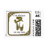 Gold ballet shoes with text postage stamps