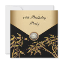 Gold Bamboo Pearl Asian 40th Birthday Party Invitations