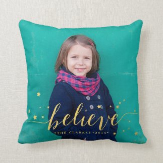 Gold Believe Stars | Holiday Photo Throw Pillow