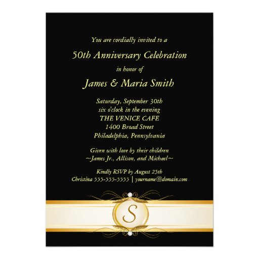 Gold Black 50th Anniversary Monogram Invitations
