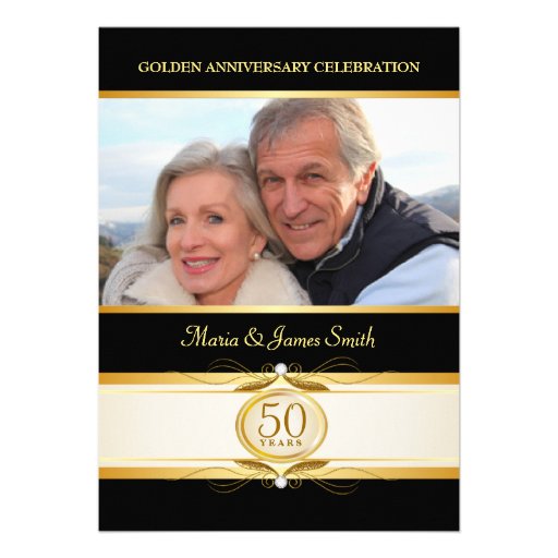 Gold Black 50th Anniversary Monogram Invitations