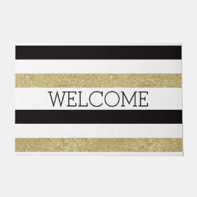 Gold Black and White Stripes Welcome Doormat