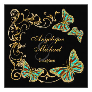Gold black butterfly RECEPTION wedding engagement Personalized Invitations