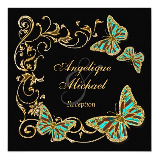 Gold black butterfly RECEPTION wedding engagement Personalized Invitations